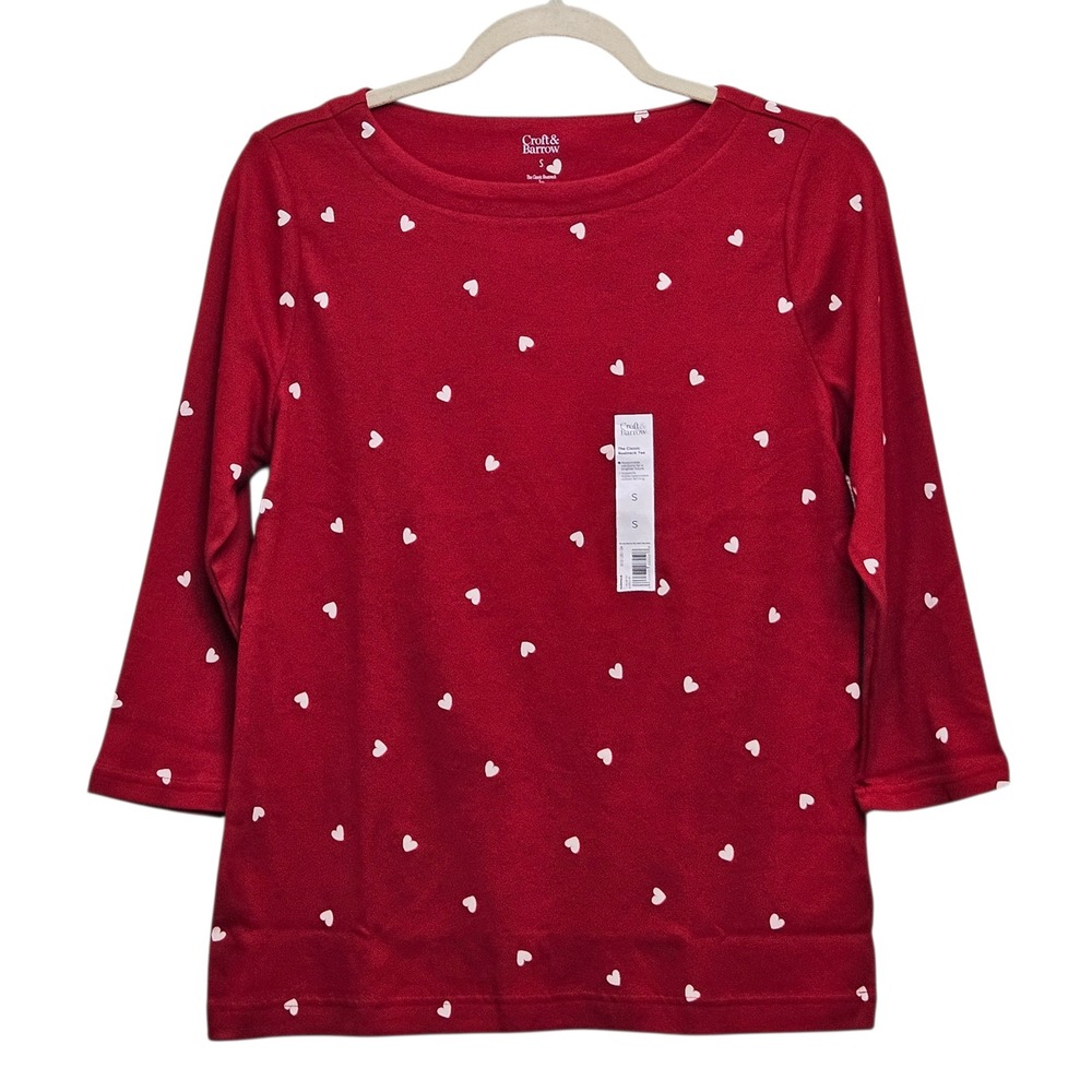 Croft & Barrow Boatneck Tee Womens Small Red Heart Print 3/4 Sleeve Cotton Top